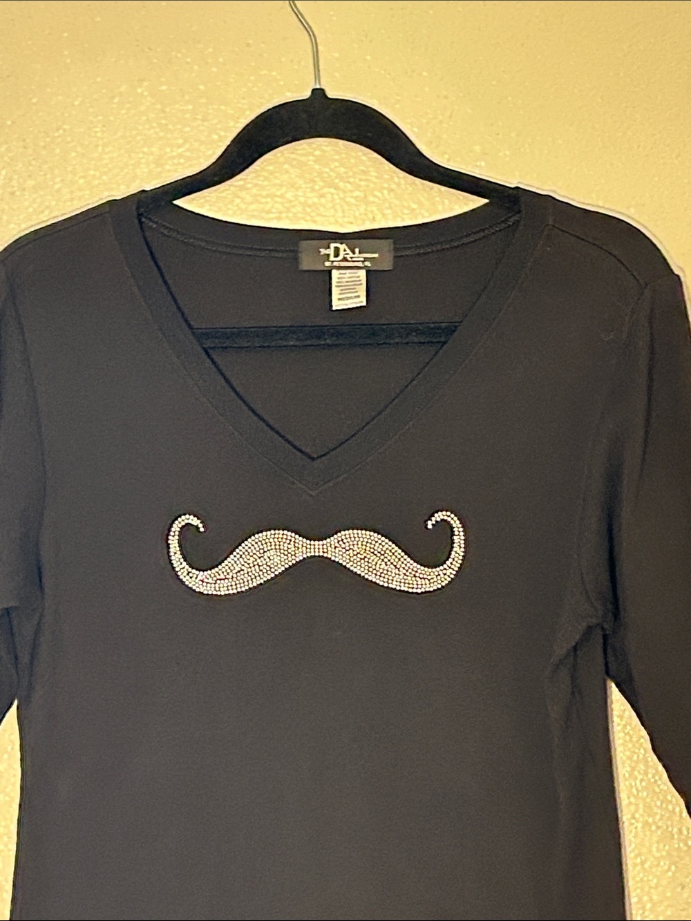 Women's Black V-Neck Tee with Rhinestone Mustache
